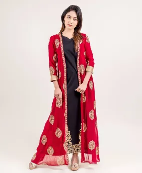 Gold Printed Designer Jacket Style Long Georgette Indo Western Dress