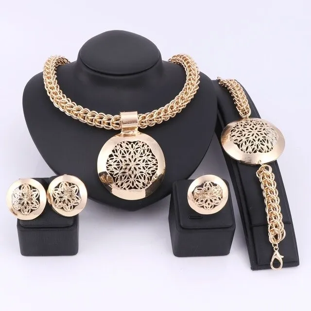 Gold/Silver-Plated Flower Design Cup Necklace, Bracelet, Earrings & Ring Wedding Statement Jewelry Set