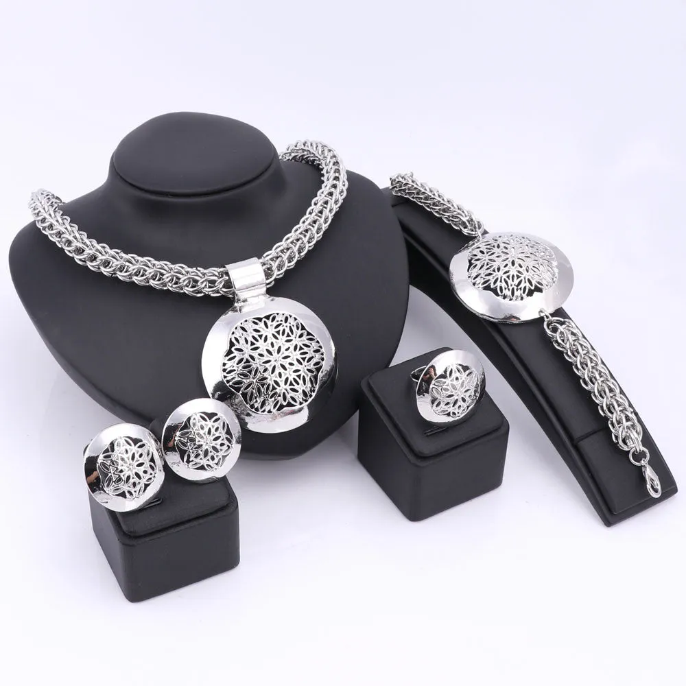 Gold/Silver-Plated Flower Design Cup Necklace, Bracelet, Earrings & Ring Wedding Statement Jewelry Set