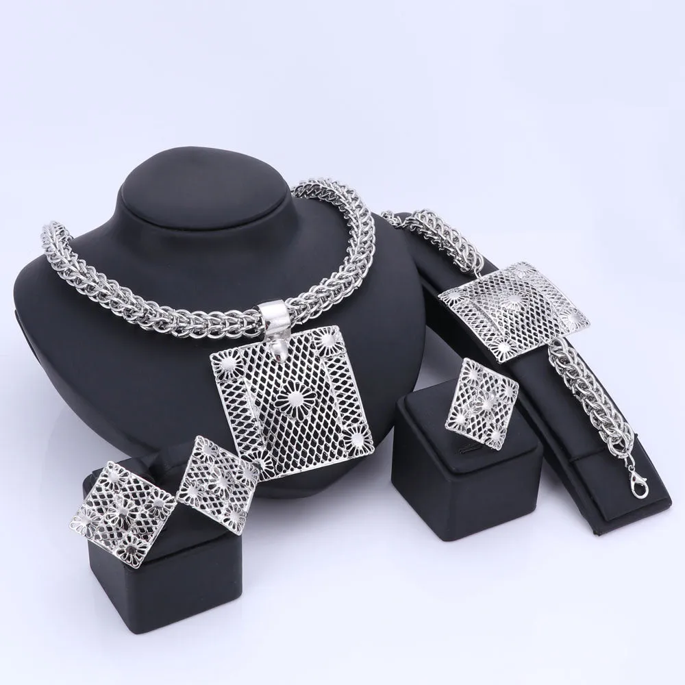 Gold/Silver-Plated Flower Square Necklace, Bracelet, Earrings & Ring Wedding Statement Jewelry Set