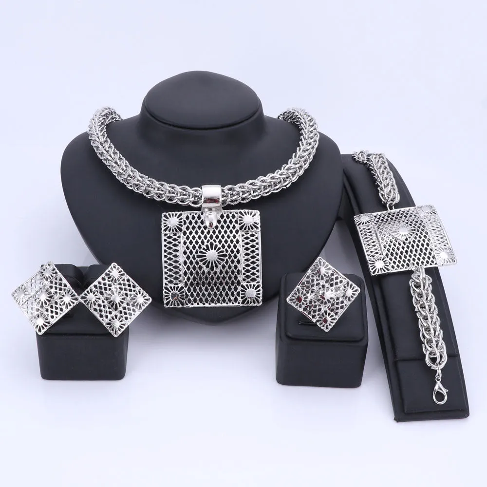 Gold/Silver-Plated Flower Square Necklace, Bracelet, Earrings & Ring Wedding Statement Jewelry Set