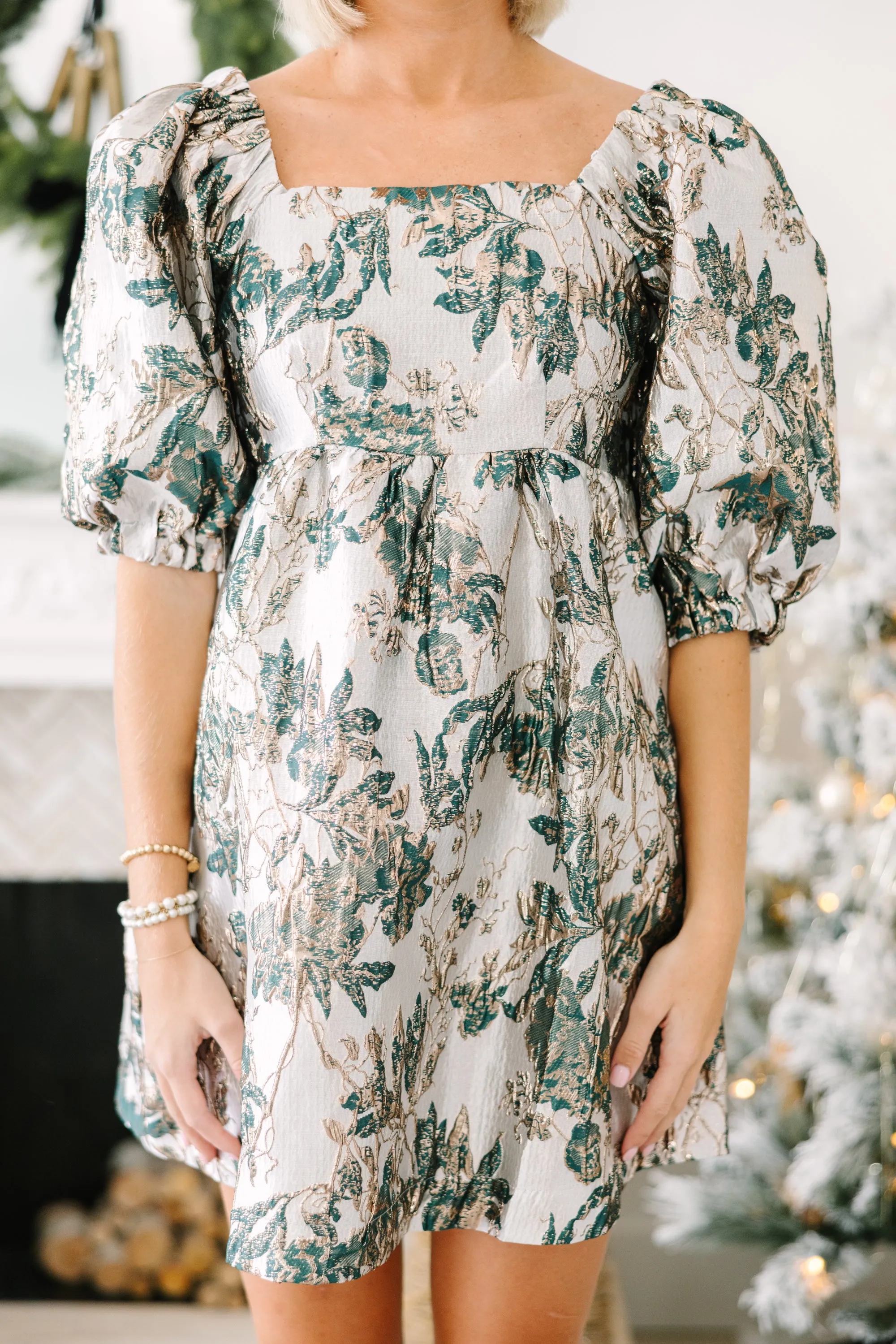 Good Days Ahead Hunter Green Metallic Floral Dress