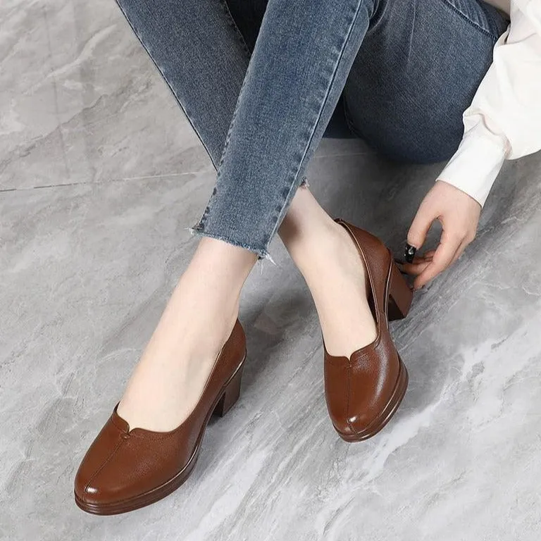 GR323 Fashion Pumps: Leather Women's Casual Shoes With Thick Heels