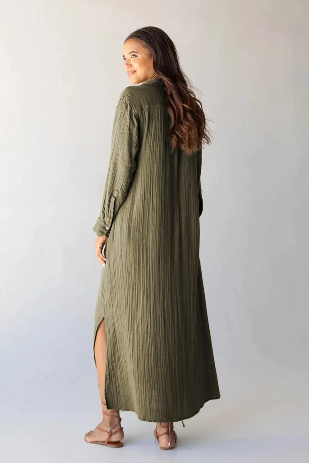 Green Love, Button Up Casual Split Shirt Maxi Dress