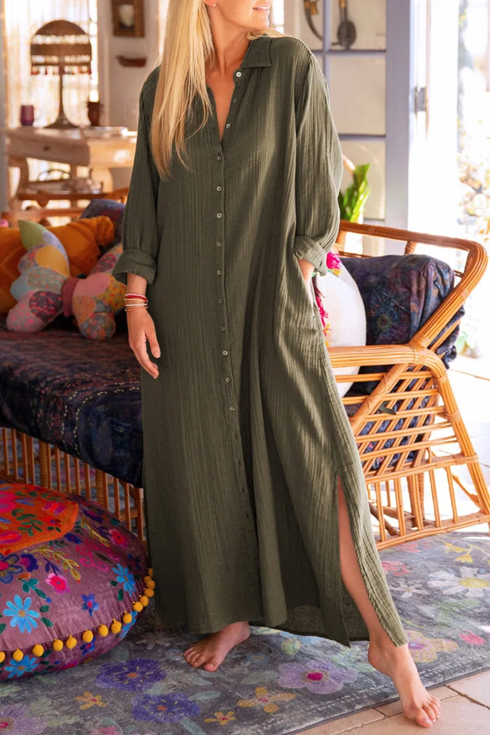 Green Love, Button Up Casual Split Shirt Maxi Dress