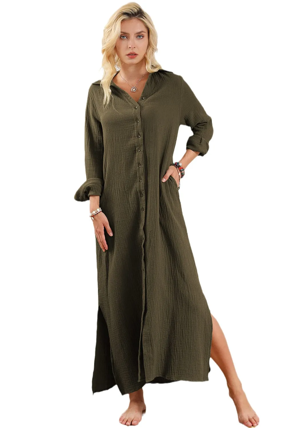 Green Love, Button Up Casual Split Shirt Maxi Dress