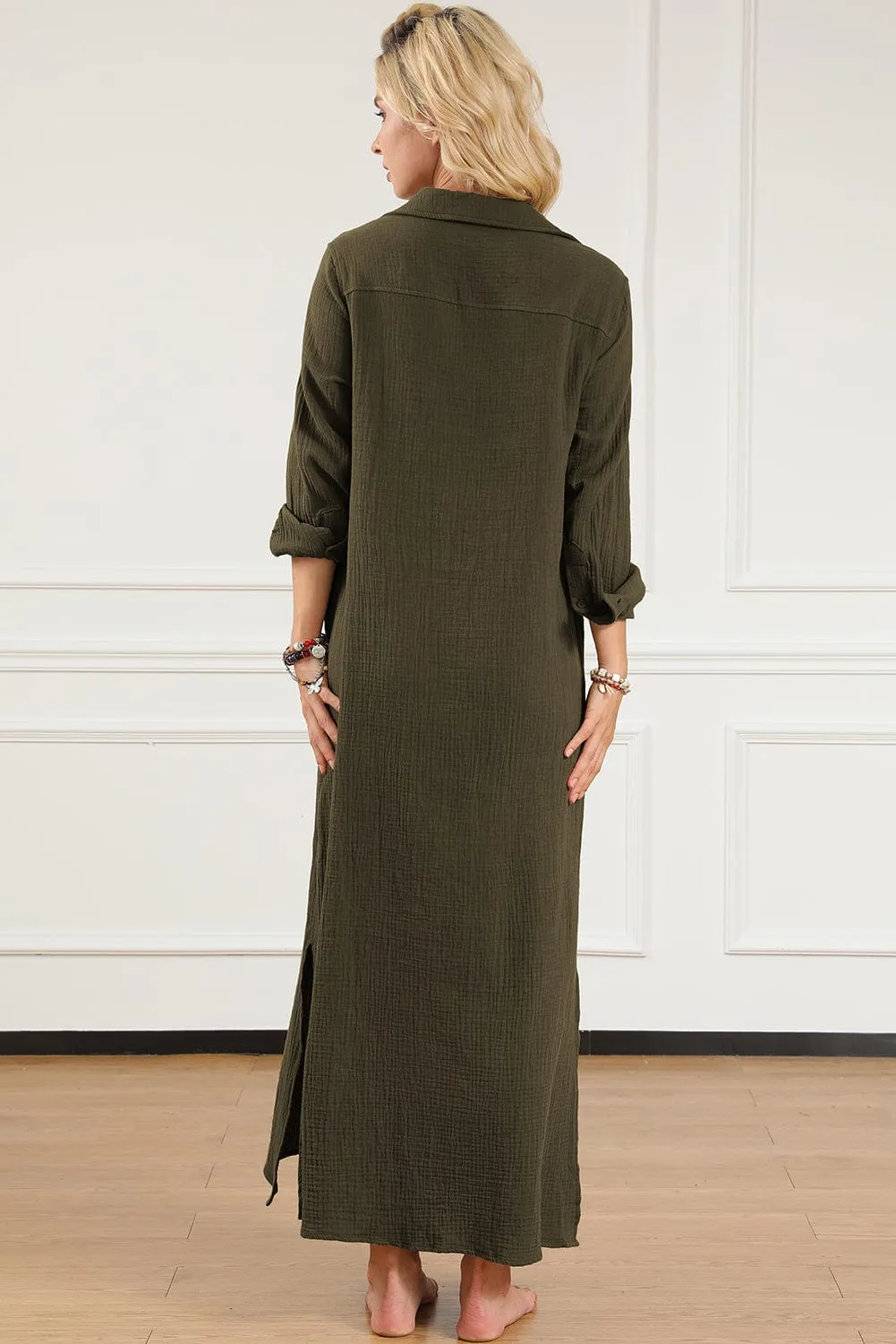 Green Love, Button Up Casual Split Shirt Maxi Dress