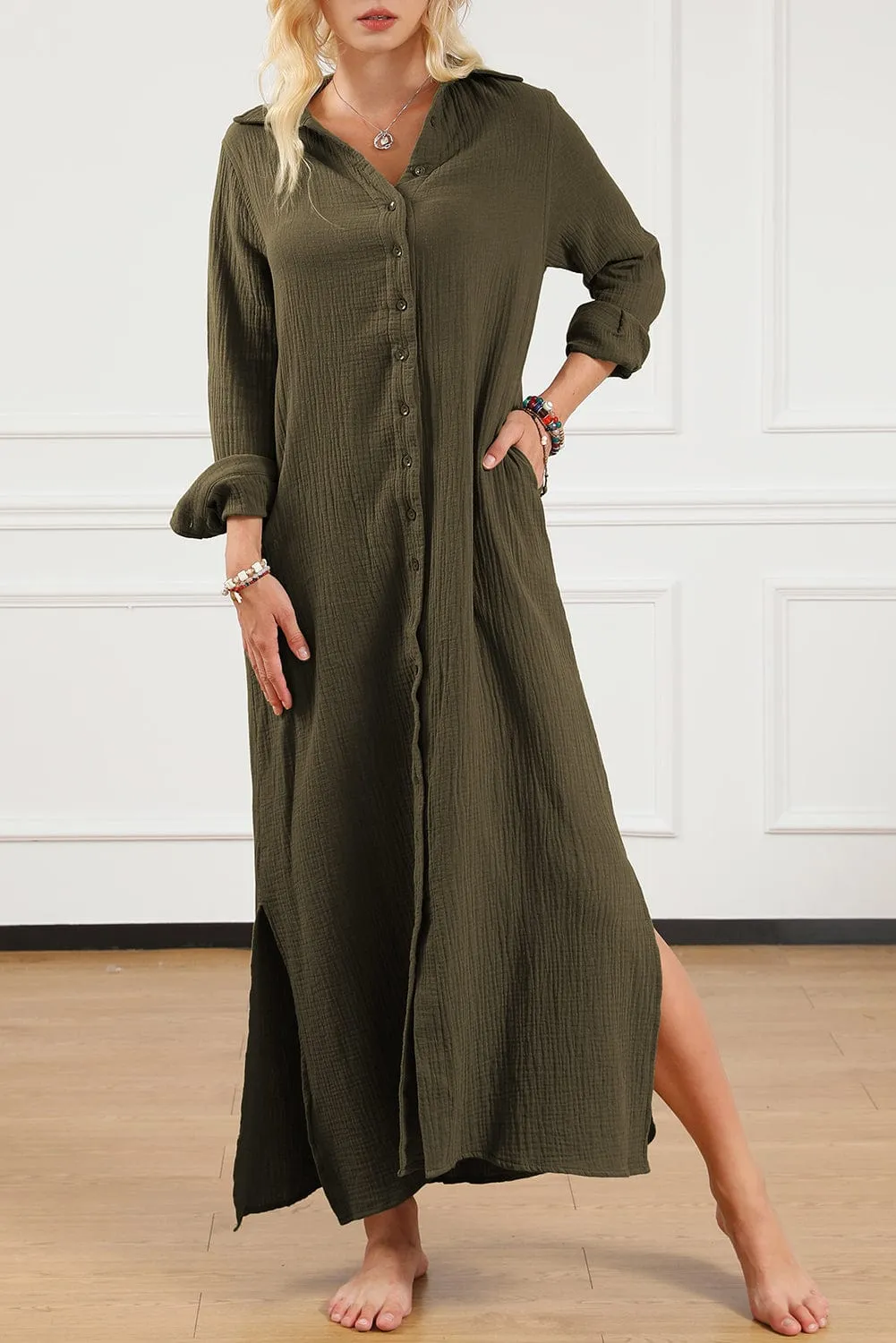 Green Love, Button Up Casual Split Shirt Maxi Dress