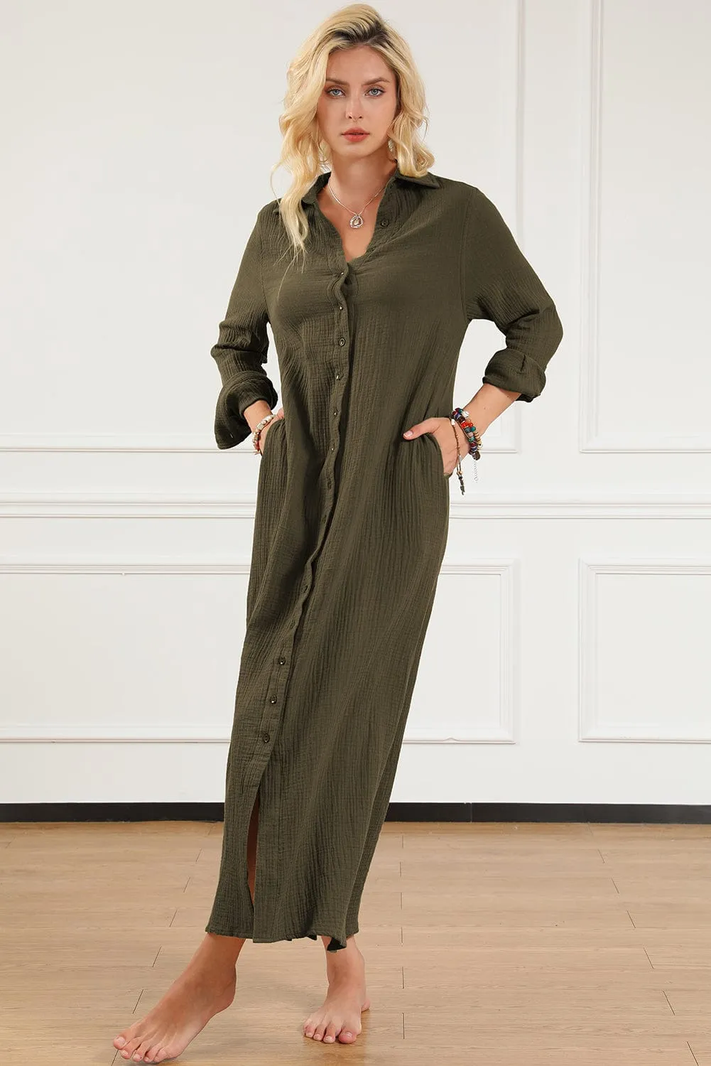 Green Love, Button Up Casual Split Shirt Maxi Dress