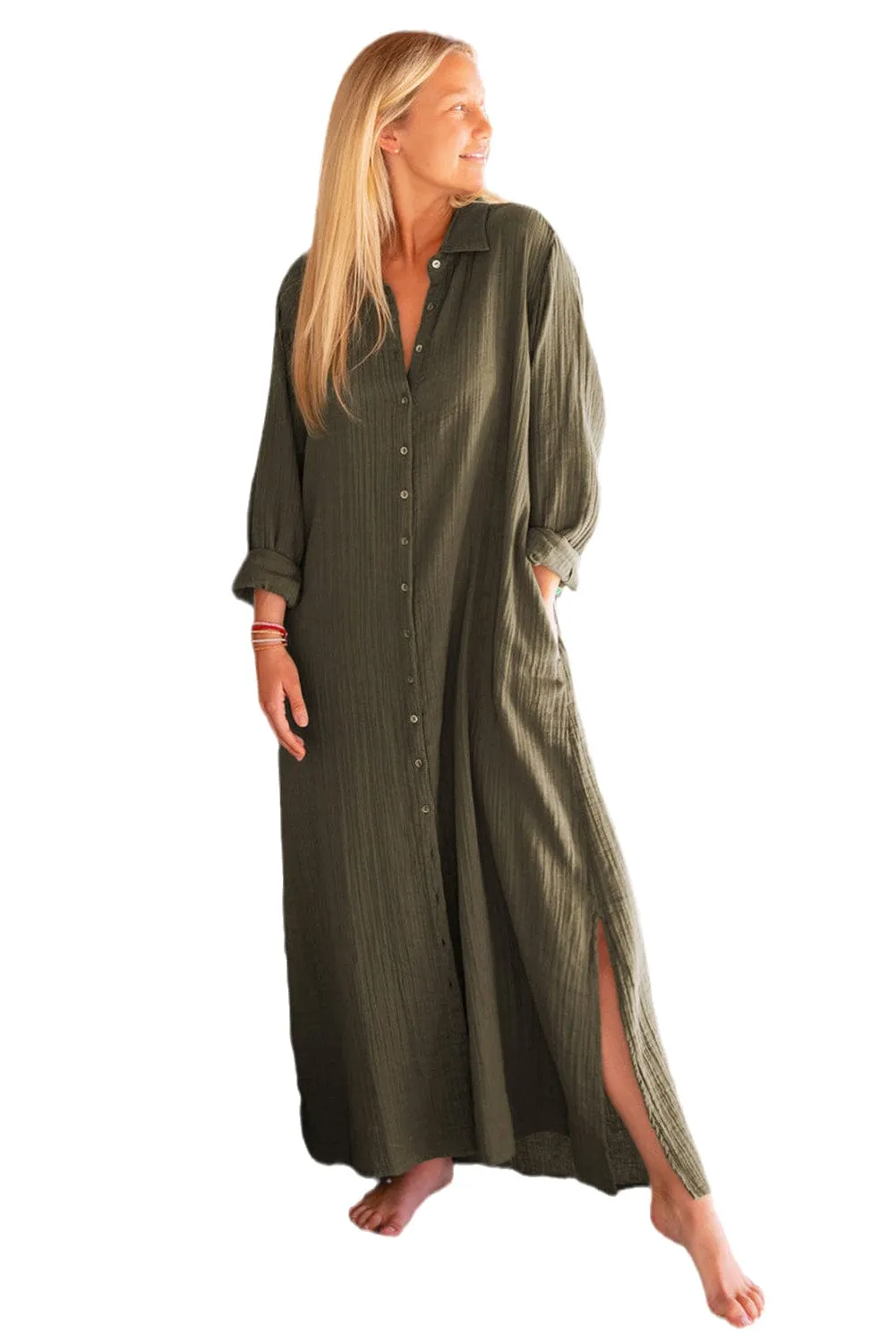 Green Love, Button Up Casual Split Shirt Maxi Dress