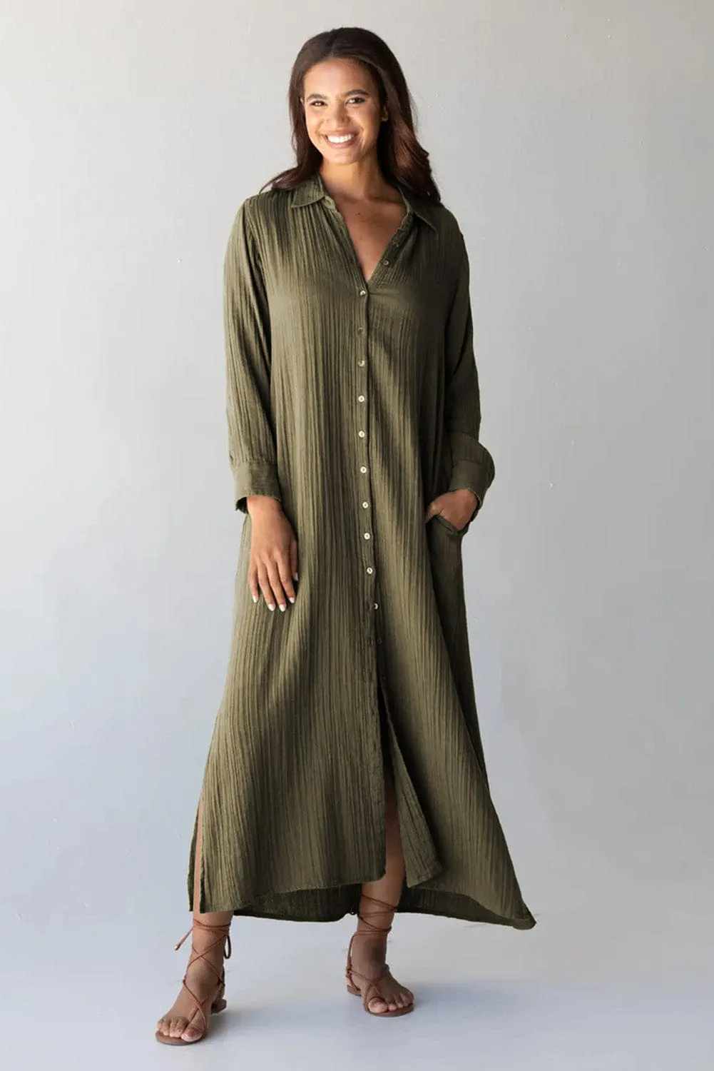 Green Love, Button Up Casual Split Shirt Maxi Dress