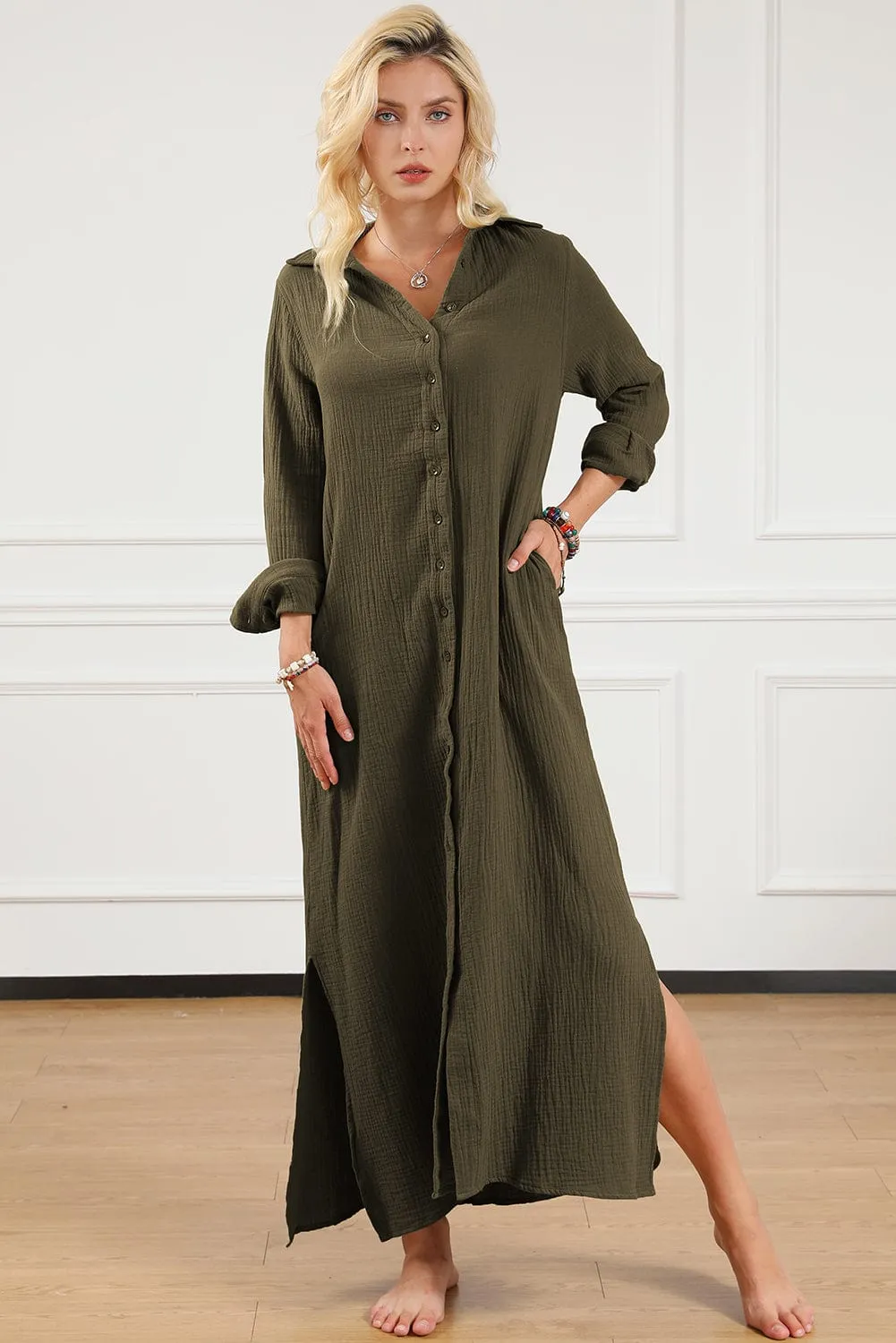 Green Love, Button Up Casual Split Shirt Maxi Dress