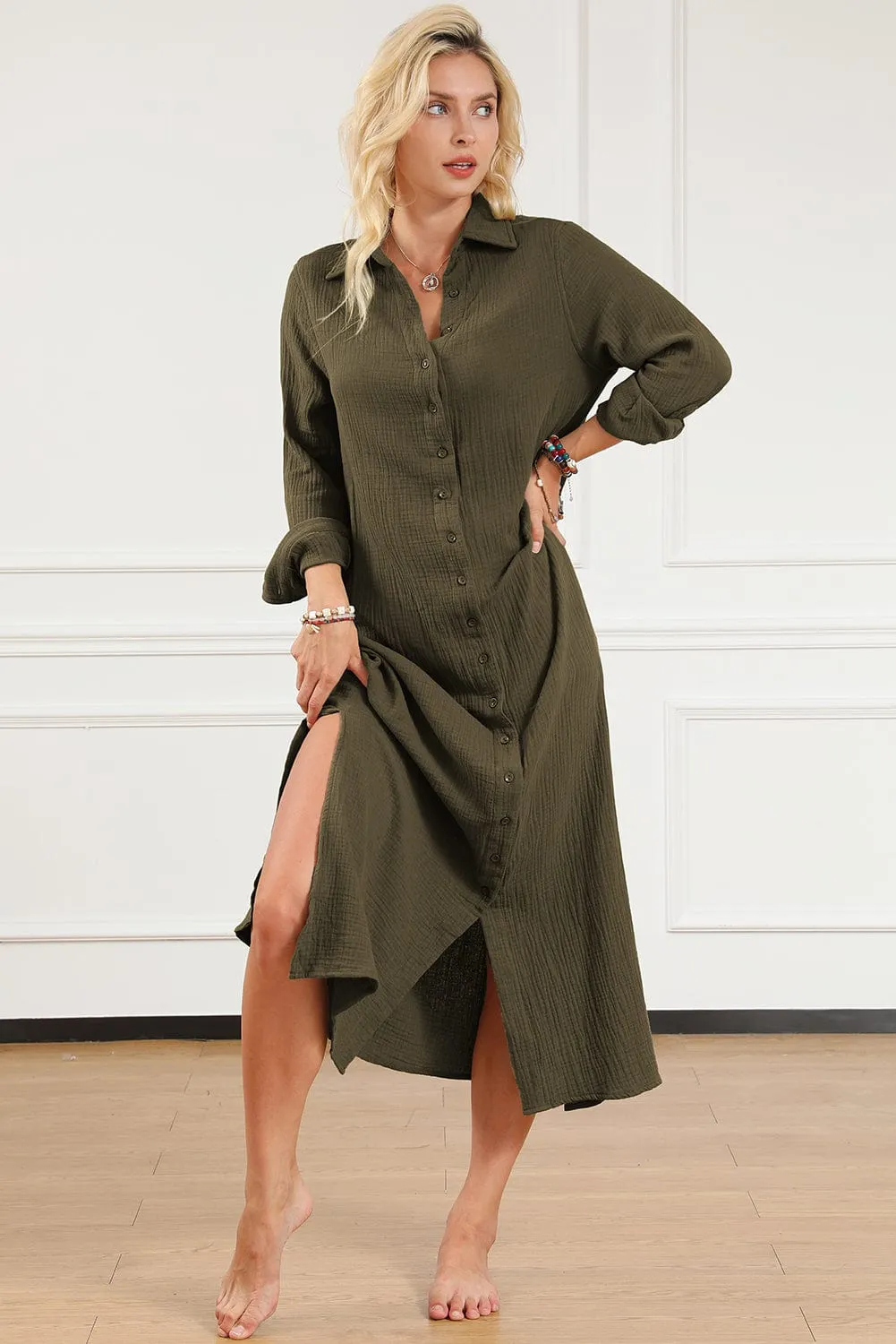 Green Love, Button Up Casual Split Shirt Maxi Dress