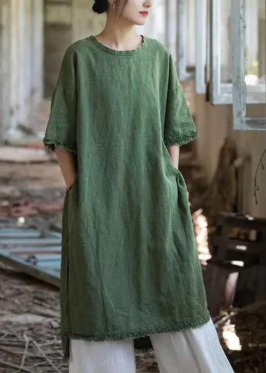 Green Side Open Linen T Shirt Dress O Neck Short Sleeve CG1039