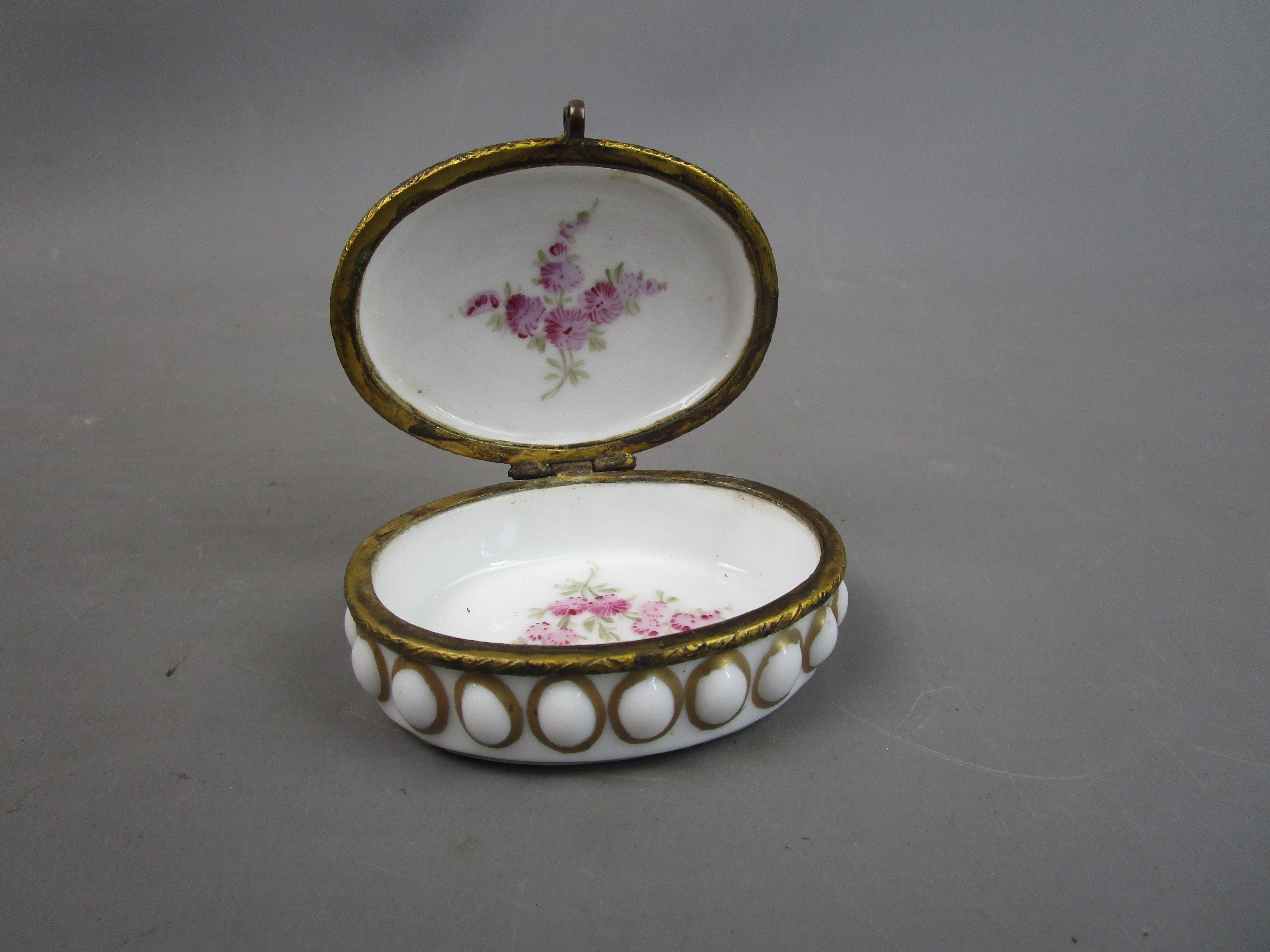 Hand Painted Floral Design Porcelain Gilt Hinged Oval Box Antique Victorian c1870