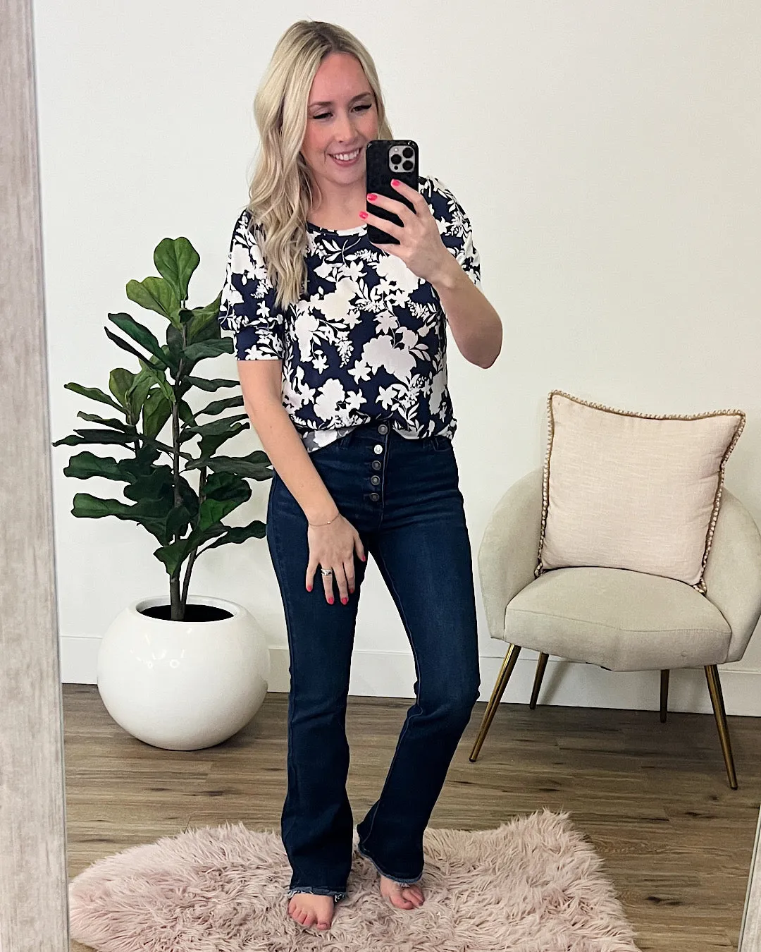 Hillary Navy Floral Puff Sleeve Top