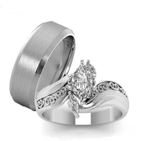 His & Hers Cubic Zirconia and Plain Stainless Steel Wedding Bands