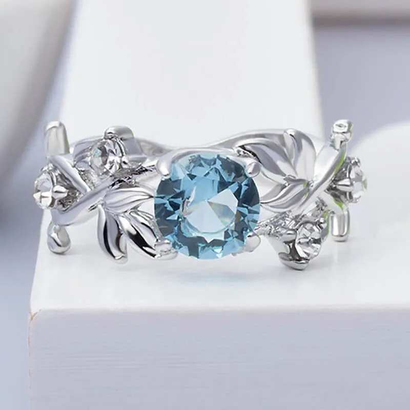 Hollowed Out Flowers Aquamarine Ring - 925 Sterling Silver