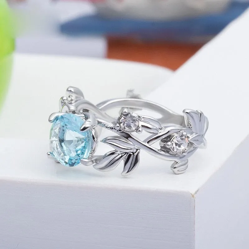 Hollowed Out Flowers Aquamarine Ring - 925 Sterling Silver