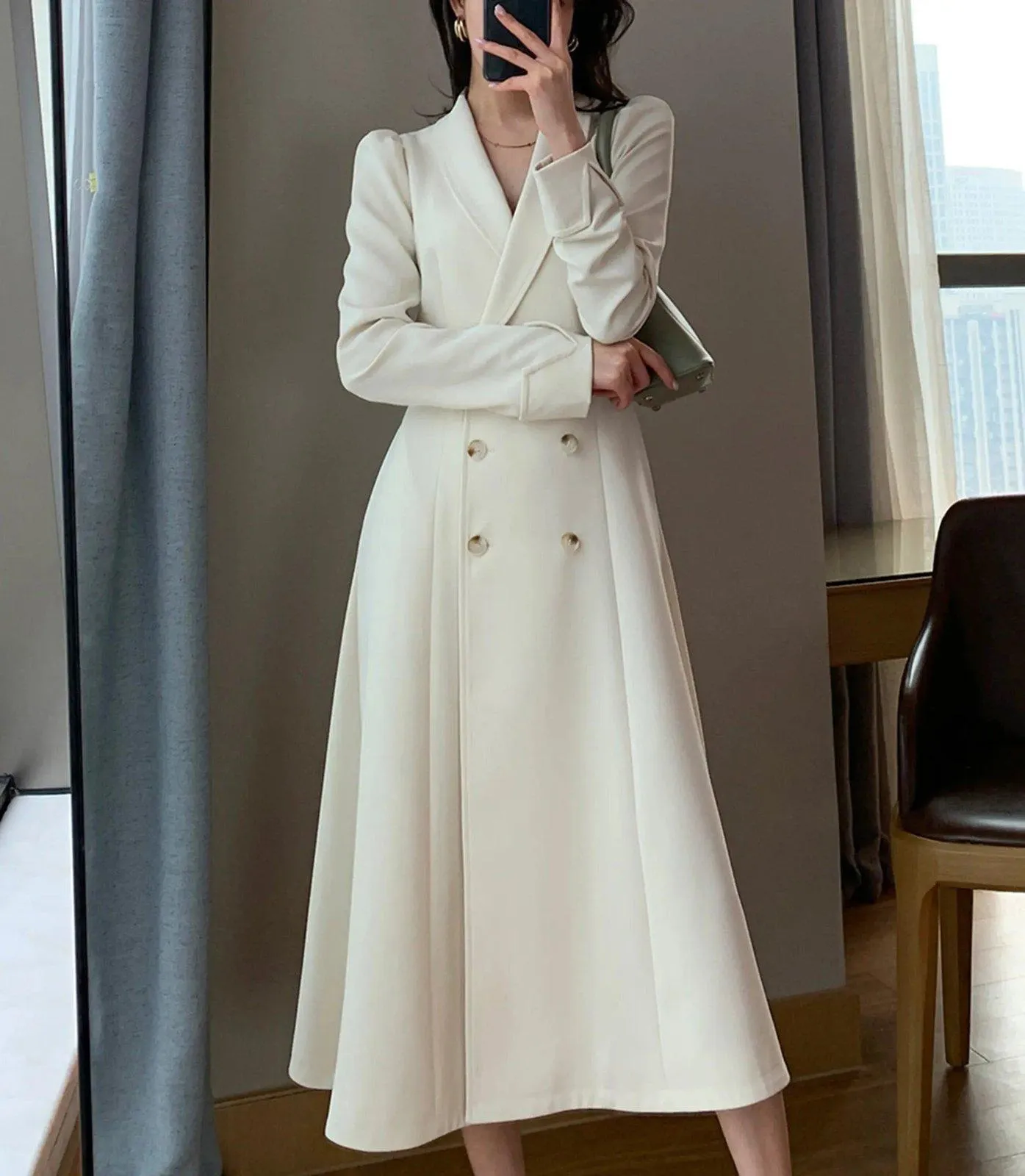 Ivory Double Breasted Blazer Dress Trench Coat