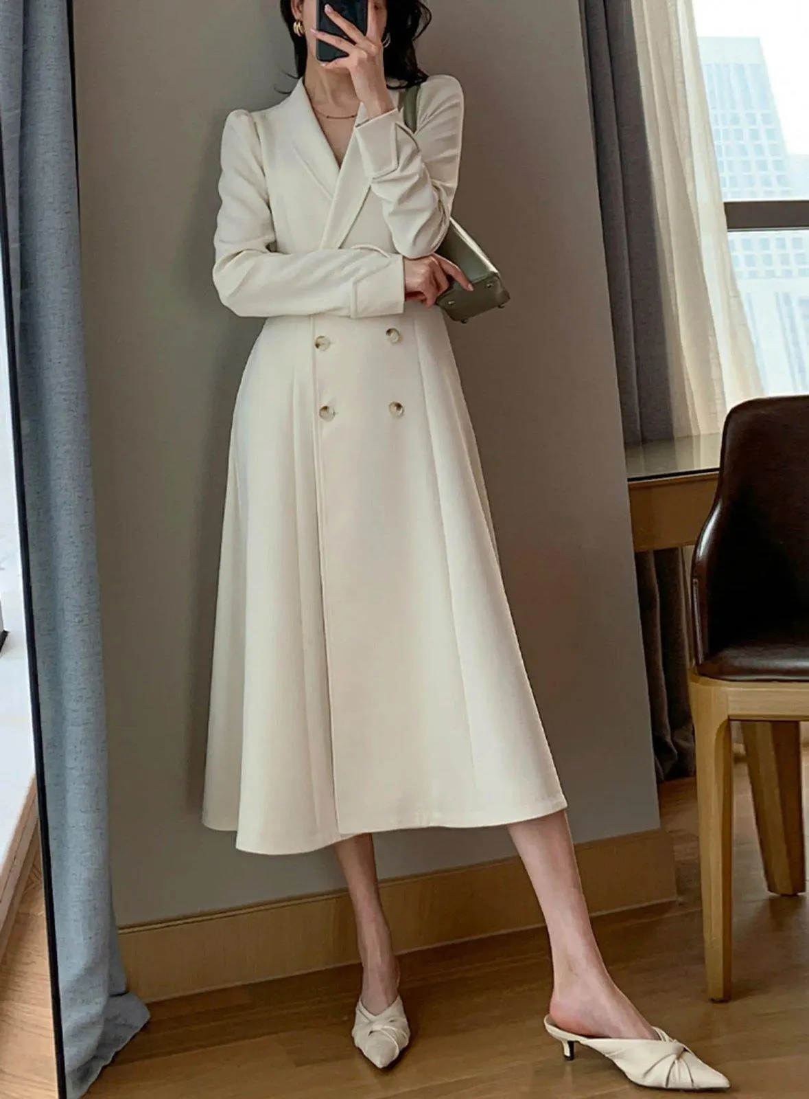 Ivory Double Breasted Blazer Dress Trench Coat