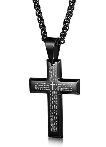 Jewelry Men's Stainless Steel Simple Black Cross Pendant Lord's Prayer Necklace 22 24 30 Inch