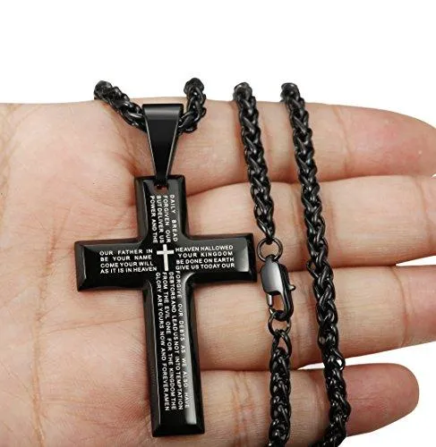 Jewelry Men's Stainless Steel Simple Black Cross Pendant Lord's Prayer Necklace 22 24 30 Inch