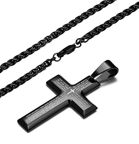 Jewelry Men's Stainless Steel Simple Black Cross Pendant Lord's Prayer Necklace 22 24 30 Inch