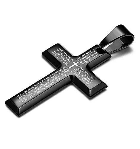 Jewelry Men's Stainless Steel Simple Black Cross Pendant Lord's Prayer Necklace 22 24 30 Inch