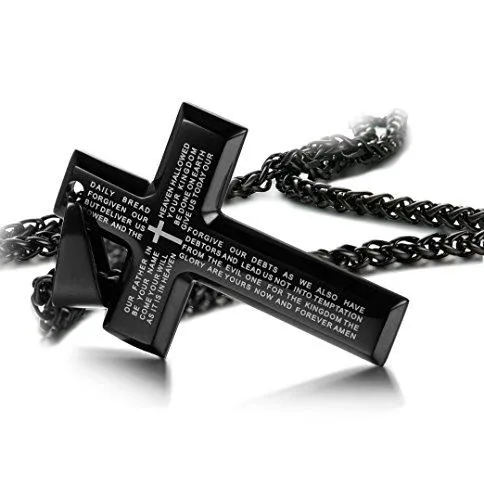 Jewelry Men's Stainless Steel Simple Black Cross Pendant Lord's Prayer Necklace 22 24 30 Inch