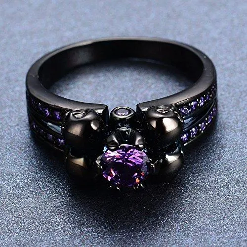 Jewelry Women's Lab Purple Bright Stone Skulls Black Gold Plated Gift Engagement Wedding Womens Ring Size 5-10