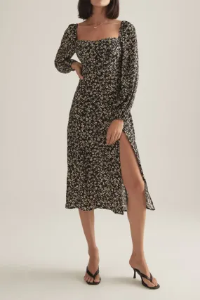 Jolie LS Black Floral Split Midi Dress