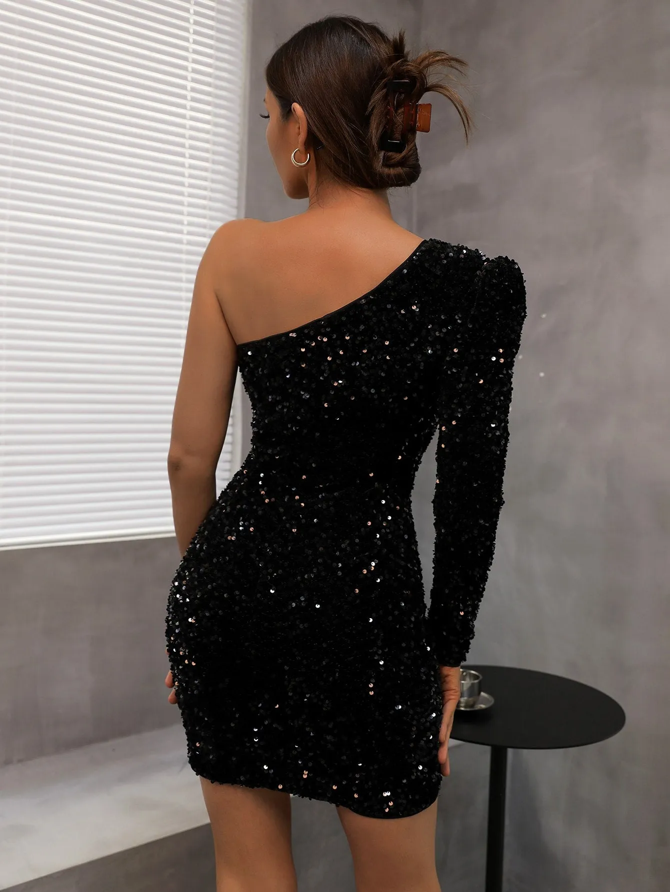 Joyfunear One Shoulder Sequin Wrap Bodycon Dress