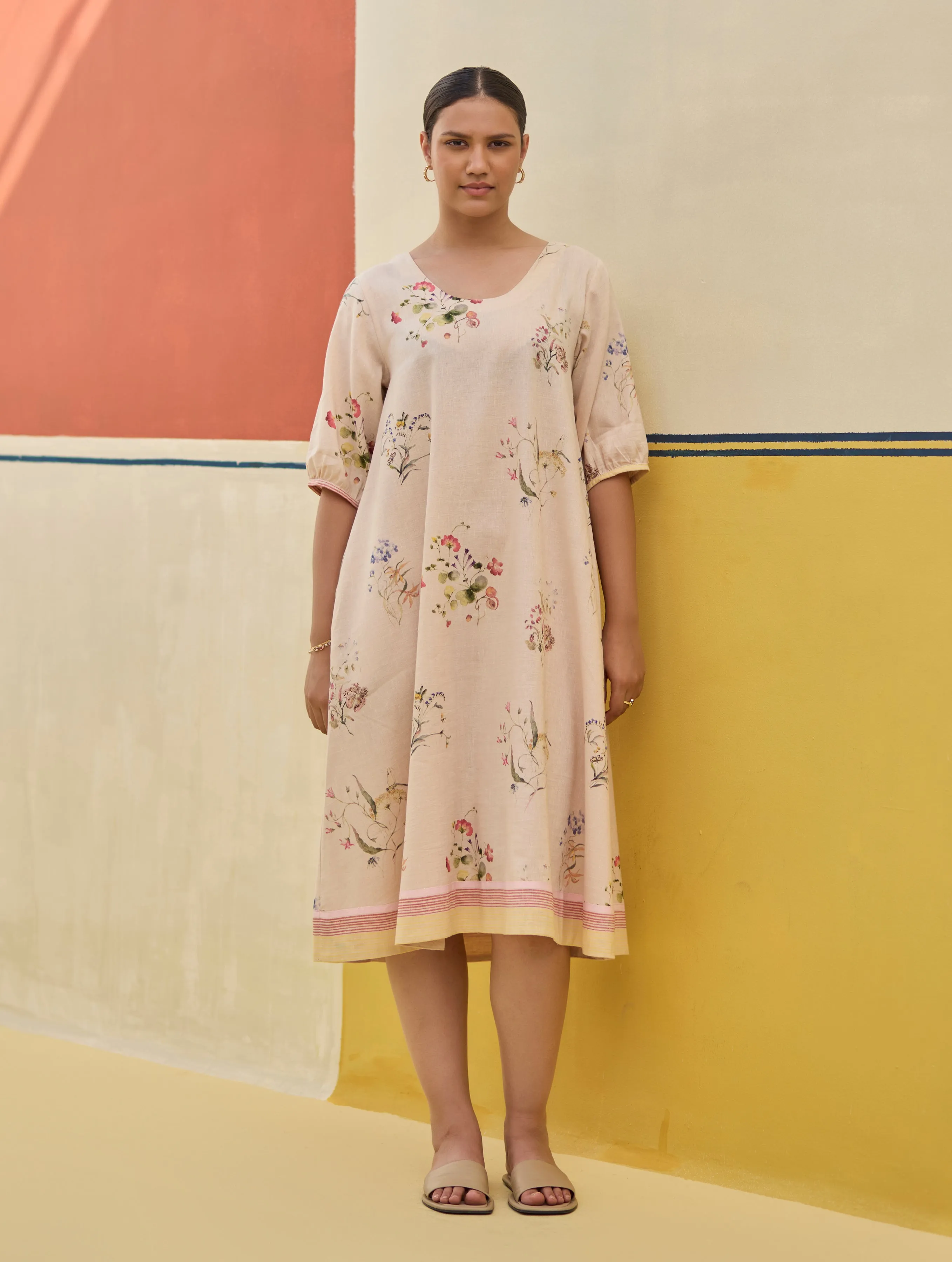 Kaya Floral Linen Dress With Overlay - Sand