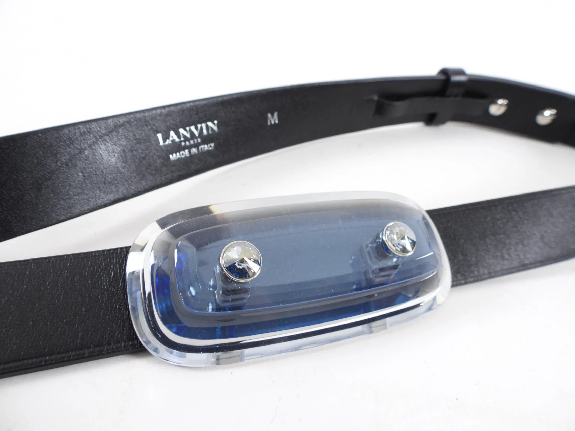 Lanvin Black Leather Belt with Blue Jewel Detail - M