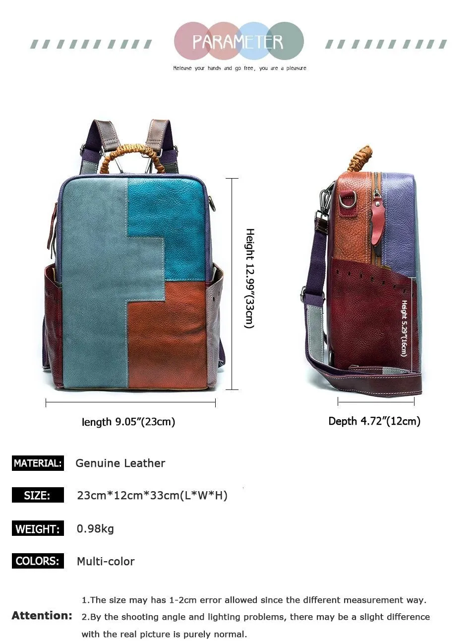 Large Multi-Color Convertible Genuine Leather Backpack