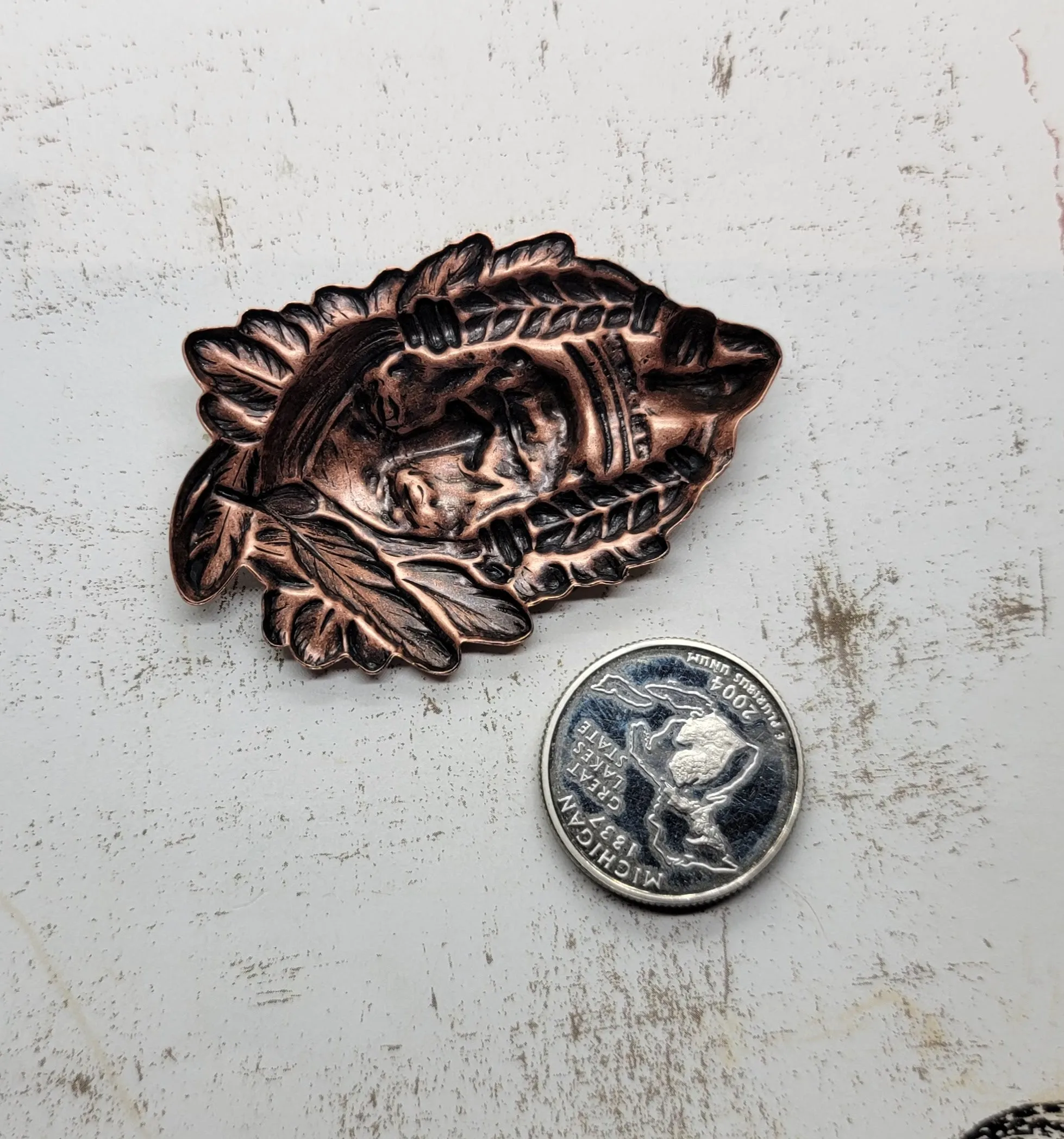 Large Oxidized Copper Native American Indian Chief Stamping x 1 - 1905COFFA