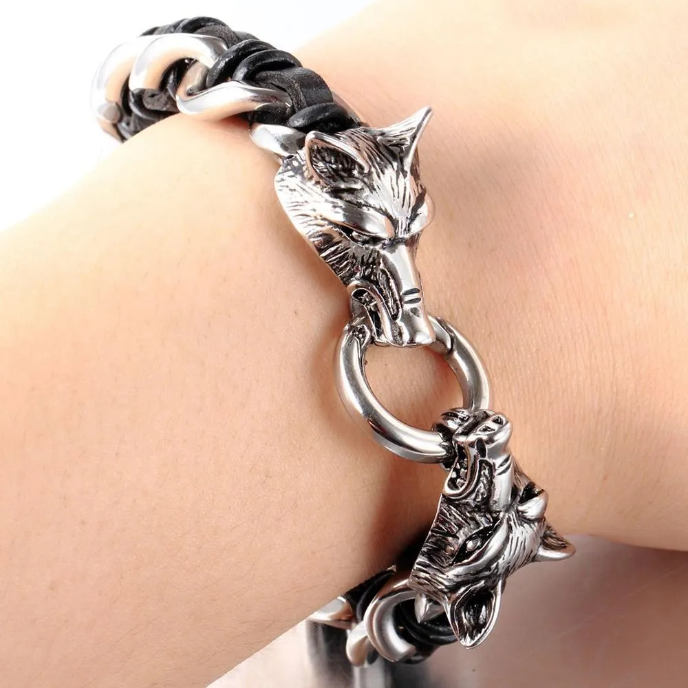 Leather Stainless Steel Bracelet for Men Cuff Braided Bangle Wolf Heads Bracelet