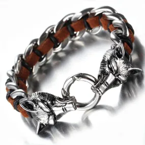 Leather Stainless Steel Bracelet for Men Cuff Braided Bangle Wolf Heads Bracelet