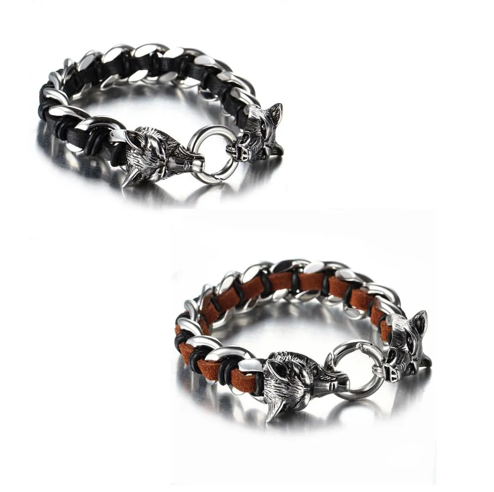 Leather Stainless Steel Bracelet for Men Cuff Braided Bangle Wolf Heads Bracelet