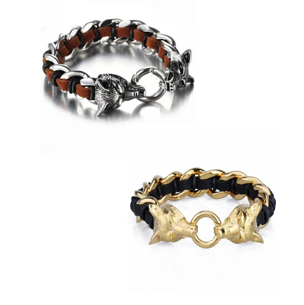 Leather Stainless Steel Bracelet for Men Cuff Braided Bangle Wolf Heads Bracelet