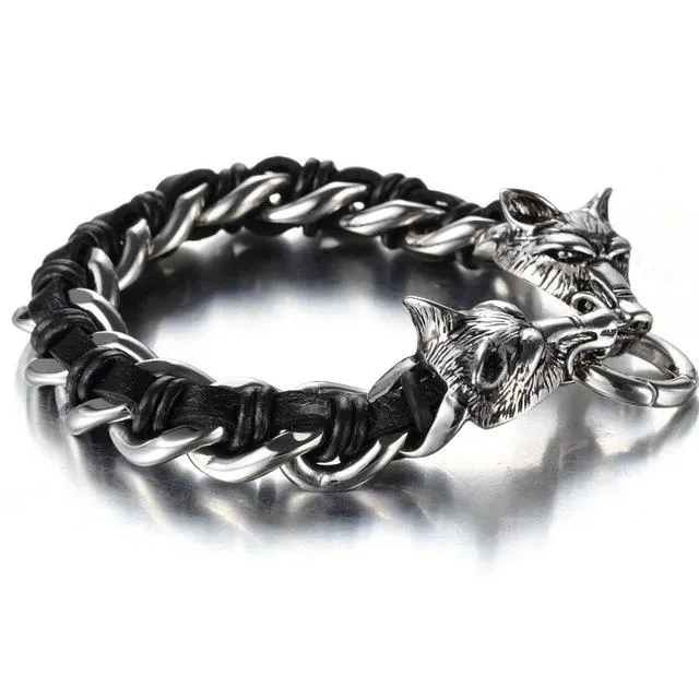 Leather Stainless Steel Bracelet for Men Cuff Braided Bangle Wolf Heads Bracelet