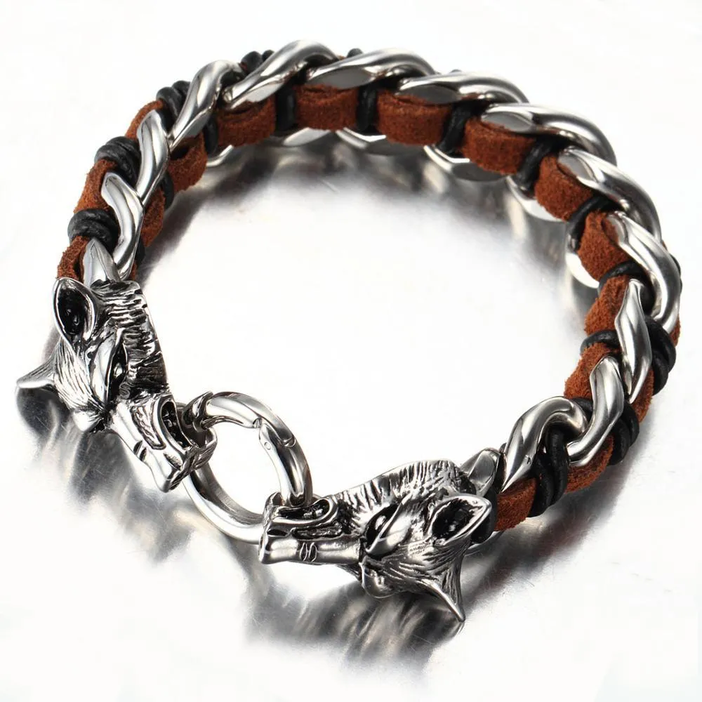 Leather Stainless Steel Bracelet for Men Cuff Braided Bangle Wolf Heads Bracelet