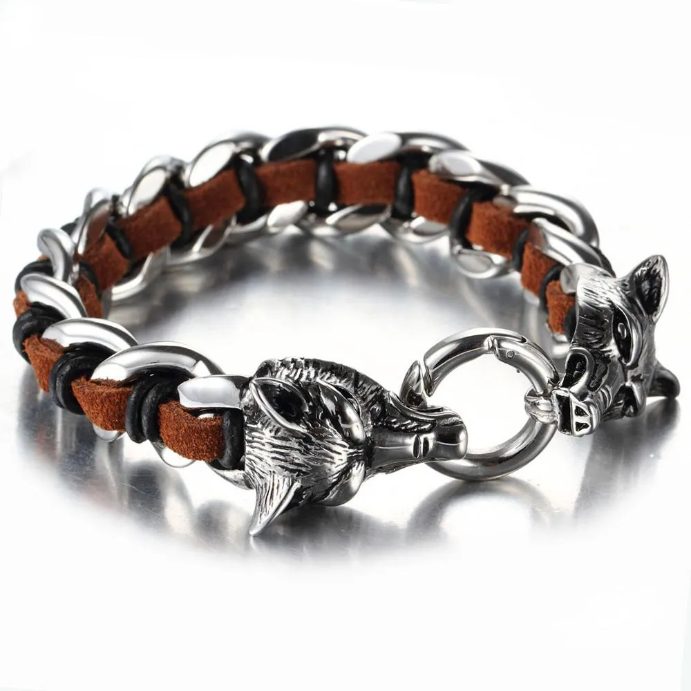 Leather Stainless Steel Bracelet for Men Cuff Braided Bangle Wolf Heads Bracelet