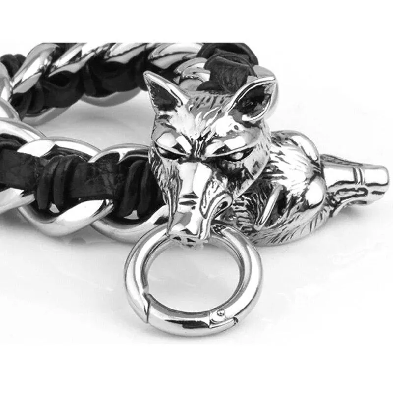 Leather Stainless Steel Bracelet for Men Cuff Braided Bangle Wolf Heads Bracelet