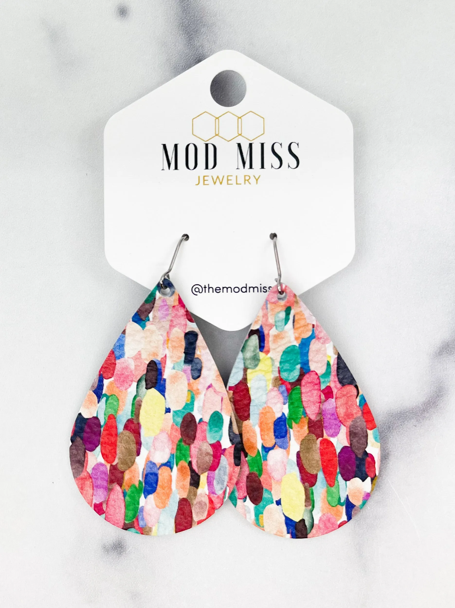 Leather Teardrop Earring Confetti Rainbow