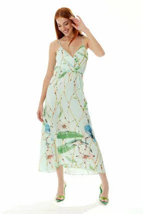 Liquorish Bird Print Cami Maxi Dress In Mint Green