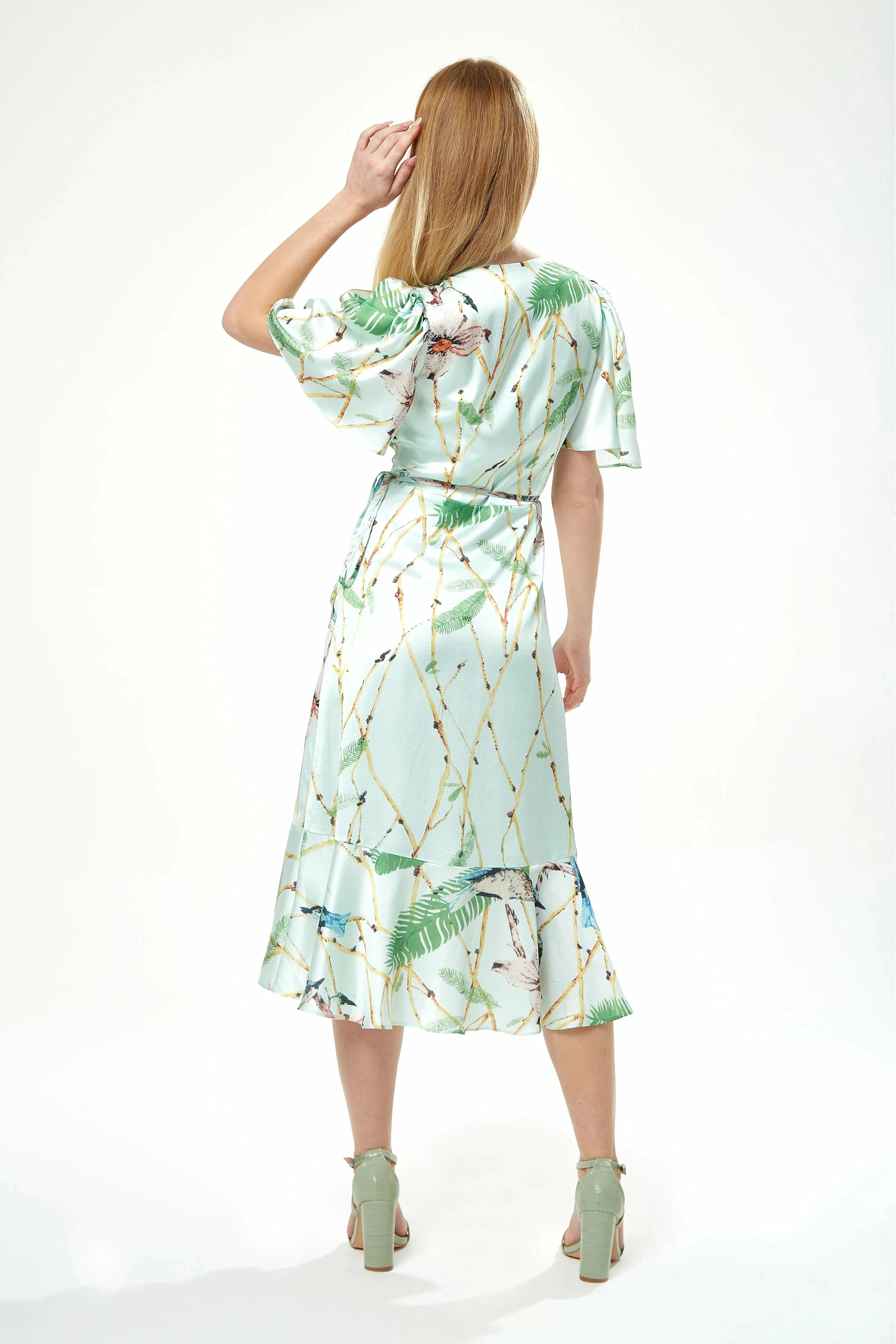 Liquorish Bird Print Midi Wrap Dress In Mint Green