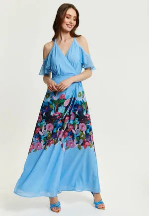 Liquorish Floral Print Maxi Wrap Dress With Frill Details