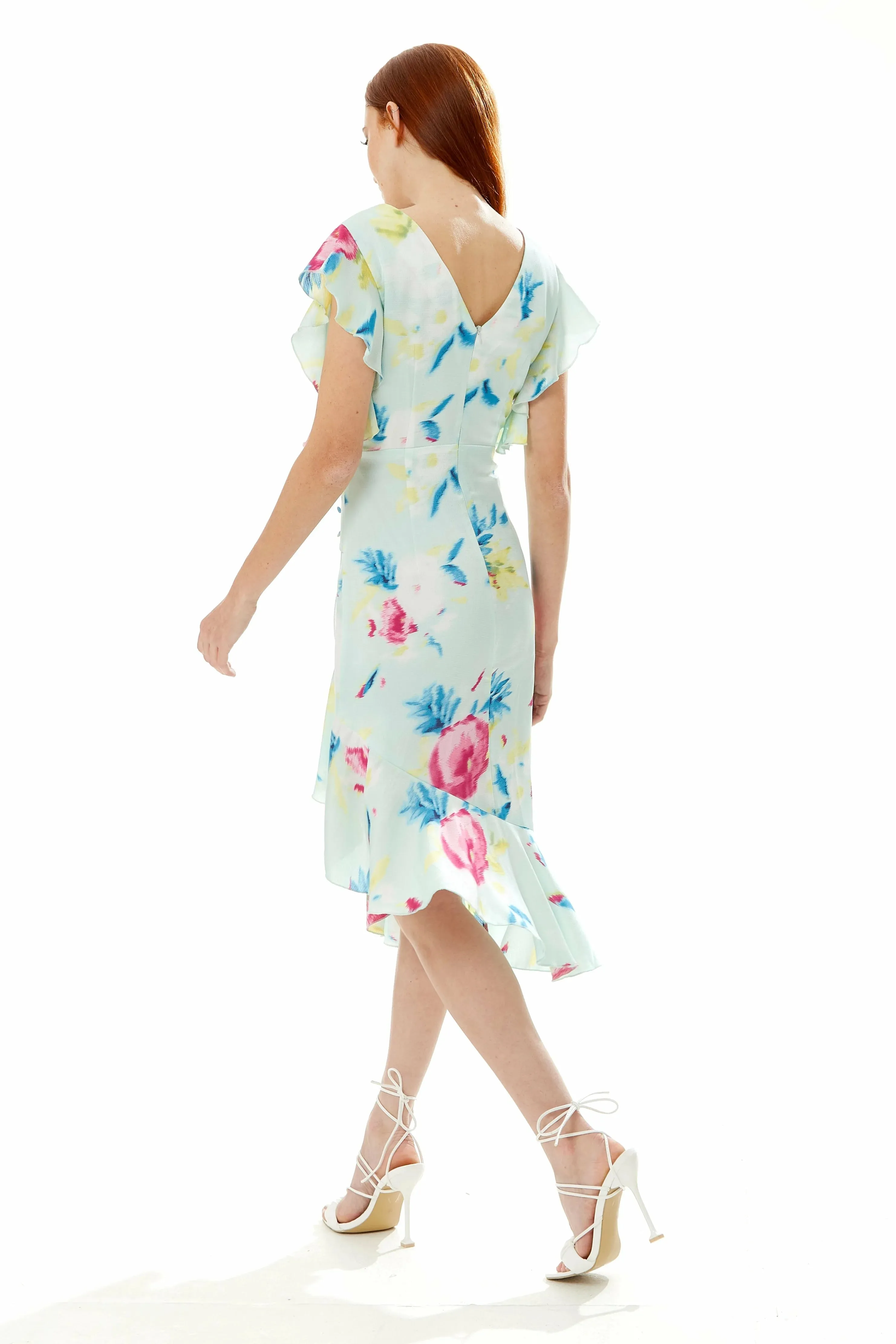 Liquorish Floral Print Midi Wrap Dress In Mint Green